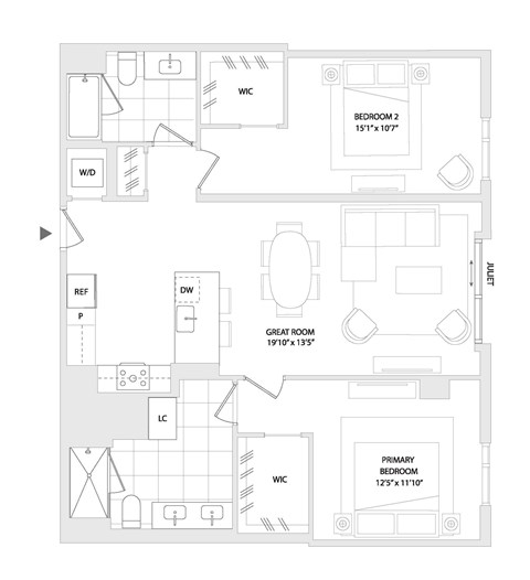 Floor plan for 2 beds, 2 baths, 1186 sqft
